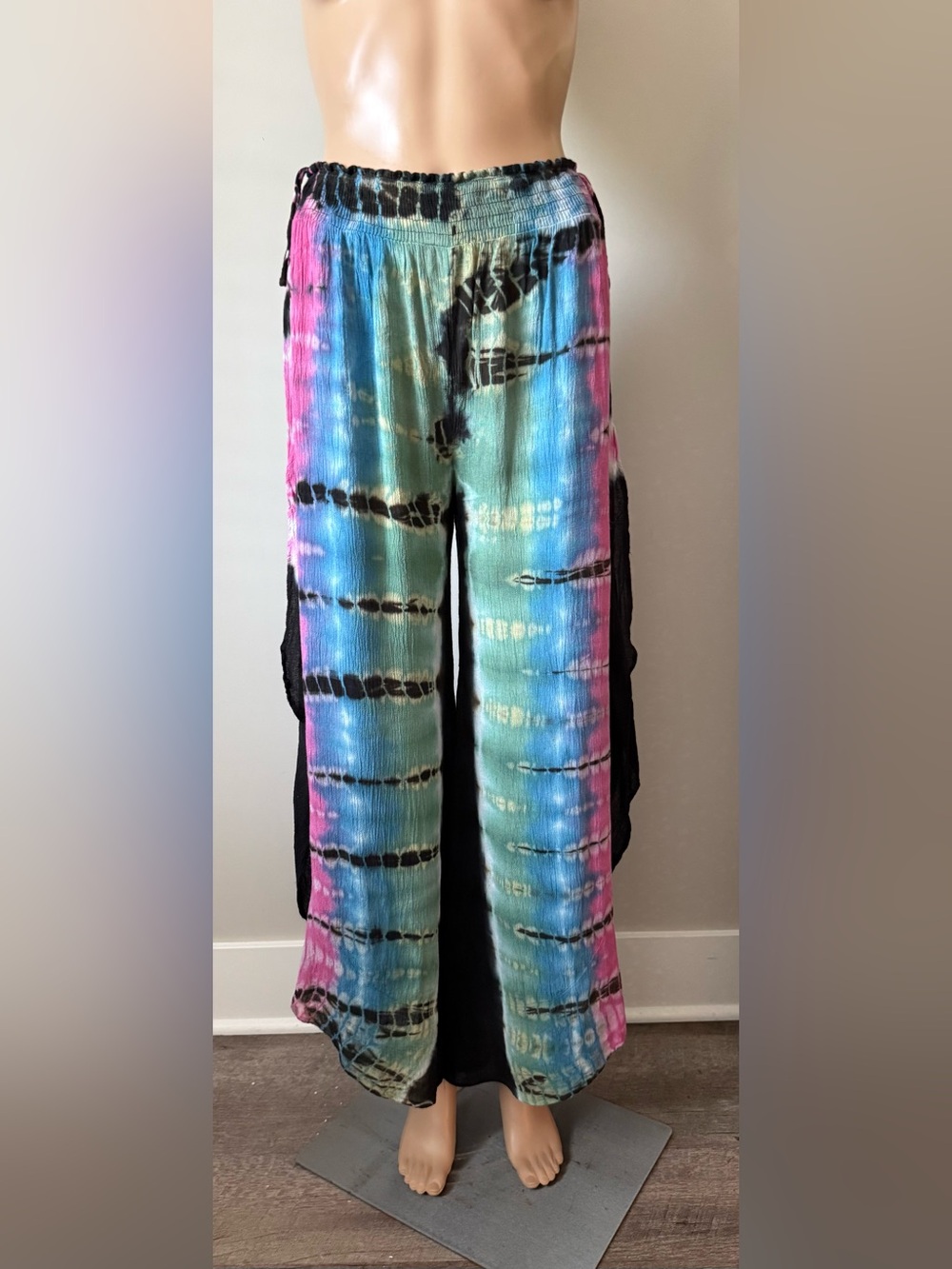Angie Multicolor Tie-Dye Pants — Aqua, Blue, Pink & Black